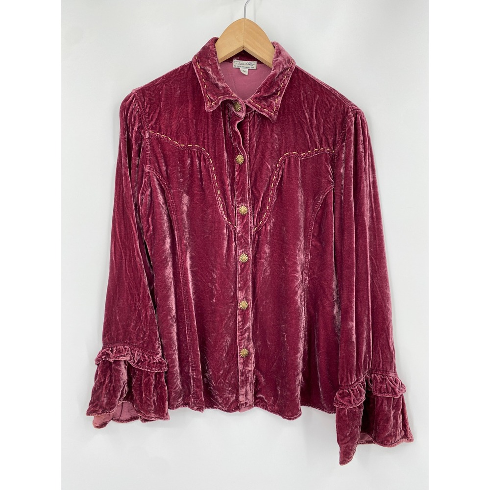 Tasha Polizzi Velvet Western Shirt Womens Medium Burgundy Silk Blend Ruffle Cuff